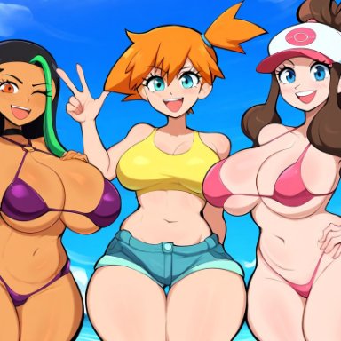 pokemon, pokemon (anime), pokemon bw, pokemon rgby, pokemon sv, hilda (pokemon), kasumi (pokemon), nemona (pokemon), mullon, 3girls, alternate breast size, beach, bikini, female, female only