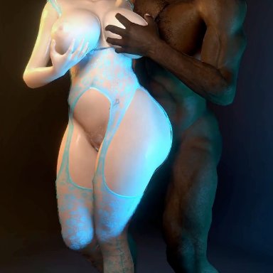 virt-a-mate, original character, elchxco, big ass, big breasts, big penis, blonde hair, blue lingerie, bodystocking, dark skin, dark-skinned male, female, fondling breast, heels, holding breast