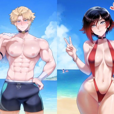 rwby, jaune arc, ruby rose, meepking, 1boy, 1girls, abs, bare arms, bare legs, bare shoulders, bare thighs, beach, big breasts, big penis, black hair