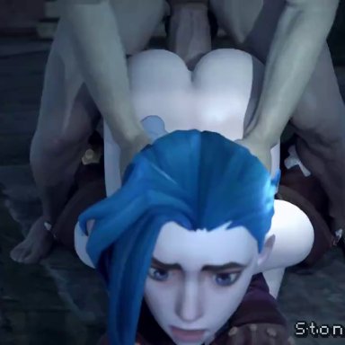 league of legends, jinx (league of legends), stoneddude, 1boy, 1girls, 3d animation, backshots, blue hair, clapping ass, clapping buttocks, clapping cheeks, female, female penetrated, from behind, from behind position