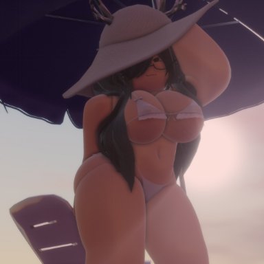 roblox, roblox avatar, robloxian, niki okarin, 1girls, antlers, beach, big breasts, bikini, breasts, female, female focus, female only, glasses, hat