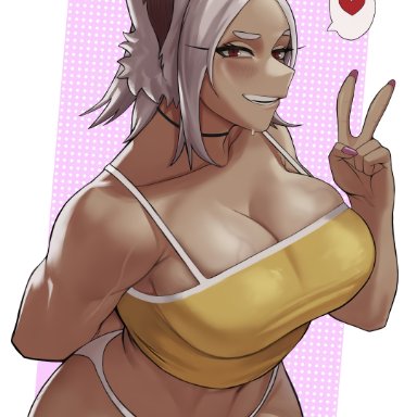 boku no hero academia, my hero academia, miruko, rumi usagiyama, usagiyama rumi, gud0c, 1girls, abs, animal ears, arm behind back, belly button, biceps, big breasts, blush, blushing at viewer