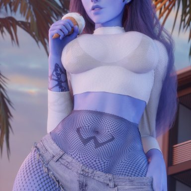 blizzard entertainment, overwatch, widowmaker, moonroomoom, 1girls, breasts, female, female focus, female only, fishnets, helmet, hotpants, ice cream, large breasts, palm tree