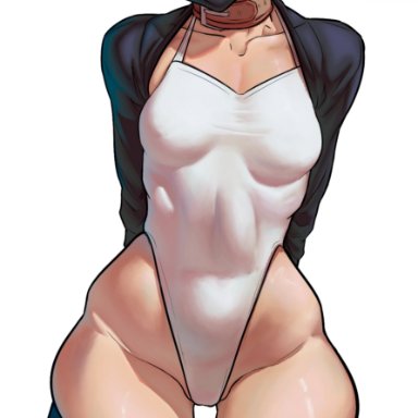 one-punch man, tatsumaki, stopu, 1girls, blushing, blushing at viewer, bodysuit, collar, facemask, female, female only, green eyes, green hair, hands behind back, hips