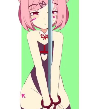 doki doki literature club, rabbit hole (vocaloid), bruunoscp, 1female, 1girls, back of head, bare shoulders, breasts, bunny ears, bunnysuit, butt, cuffs, hand cuffs, metal pole, pink eyes