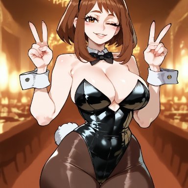 my hero academia, ochako uraraka, floppydisc, 1girls, bare arms, bare shoulders, big breasts, blush, brown eyes, brown hair, bunny ears, bunnysuit, clothed, clothing, color