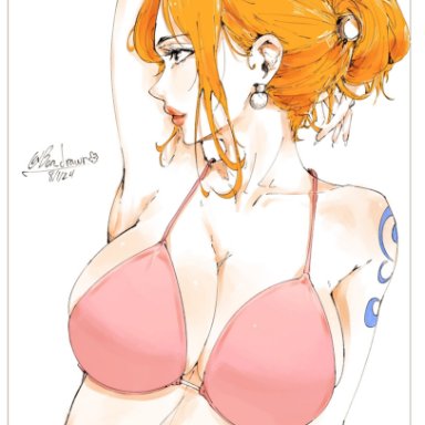 one piece, nami, nami (one piece), bon drawr, 1girls, 2d (artwork), big breasts, breasts, female, female focus, female only, swimwear, tattoo