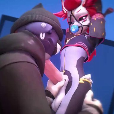 epic games, fortnite, fortnite: battle royale, kimiko (fortnite), meow skulls (fortnite), scarlena4, anthro, anthro on anthro, arms tied, arms up, ball gag, balls, band-aid, bandage, beanie