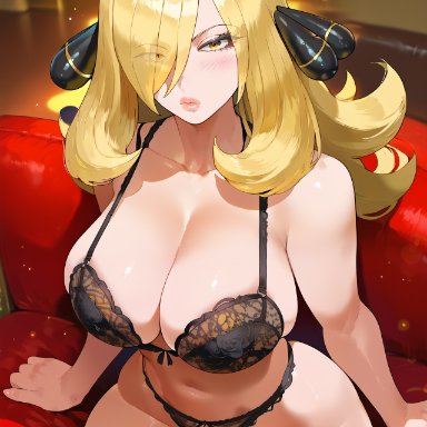 game freak, nintendo, pokemon, pokemon dppt, cynthia (pokemon), amiral ai, 1girls, blonde hair, bra, breasts, female, hair over one eye, hips, huge breasts, light skin