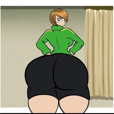 megami tensei, persona, persona 4, satonaka chie, panchito1234nos, schnauzercito, 1girls, ass, ass bigger than head, ass bigger than torso, ass expansion, ass focus, big ass, brown eyes, brown hair