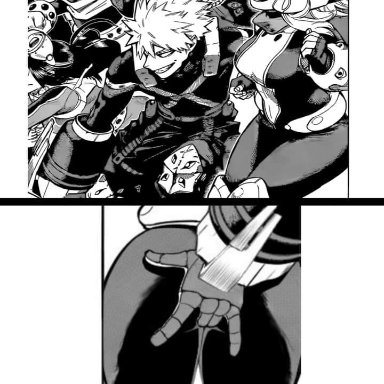 my hero academia, katsuki bakugou, minoru mineta, ochako uraraka, artist request, 1boy, 1girls, ass, ass grab, bodysuit, fingering, fingering through clothes