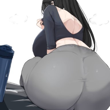 blue archive, hasumi (blue archive), alternate costume, ass, ass focus, black hair, breasts, from behind, gym clothes, halo, huge ass, huge breasts, ponytail, rear view, sitting