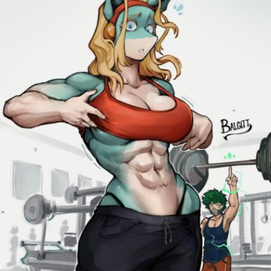 boku no hero academia, my hero academia, ippan josei, izuku midoriya, balgitt, 1boy, 1girls, abs, bare arms, bare shoulders, big breasts, blonde hair, blue eyes, blush, color