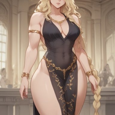 elden ring, fromsoftware, queen marika the eternal, tarnished, 1girls, abs, armlet, bare shoulders, black dress, blonde hair, bracelet, braid, dress, fit female, hair over one eye