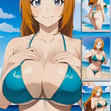 bleach, inoue orihime, zhulust, 1girls, beach, beach sex, bikini, breasts bigger than head, cum, cum on breasts, cum on face, curvy, female focus, grey eyes, huge breasts