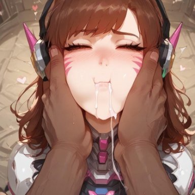 overwatch, d.va, 1male, brown hair, closed eyes, cum, cut, cute, cute expression, cute face, hand on cheek, headgear, mouthful, pale-skinned female, swallowed whole