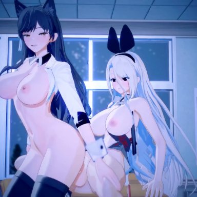 azur lane, atago (azur lane), prinz heinrich (azur lane), miscsfmporn, 1futa, 1girls, black legwear, bouncing breasts, cat ears, classroom, desk, female on top, functionally nude, futa on female, futanari