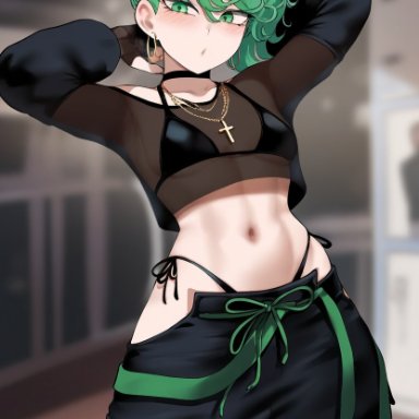 one-punch man, tatsumaki, primosan, 1girls, alternate costume, alternate hairstyle, arms behind head, baggy pants, bikini, cross necklace, female, female only, green eyes, green hair, hoop earrings