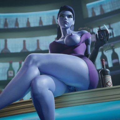 overwatch, widowmaker, hasfeldt, 1girls, areolae, big breasts, breasts, crossed legs, dress, ear piercing, earrings, exposed breast, exposed pussy, female, female only