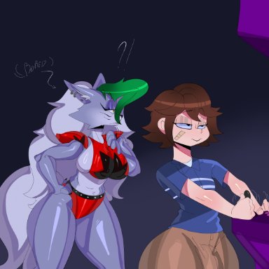 five nights at freddy's, gregory (fnaf), roxanne wolf (fnaf), tayronnebr, tayuri, age difference, animatronic, animatronic female, anthro, arcade machine, bandage, big ass, big breasts, big penis, bigger female