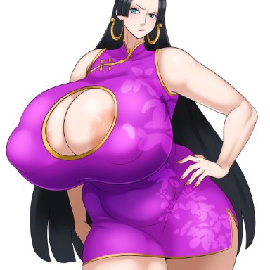 one piece, boa hancock, sunnysundown, 1girls, areola, areola slip, areolae, areolae slip, big breasts, boob window, dress, female, female focus, female only, hand on hip