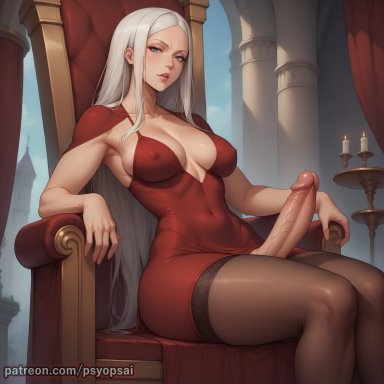 carmilla (castlevania), artist psyopsai, 1futa, big penis, clothed, clothing, curvy, erection, from below, front view, futa only, futanari, long hair, male pov, milf