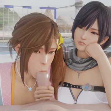 dead or alive, misaki (doa), nagisa (doa), lazyprocrastinator, 1boy, 2girls, annoyed expression, assisted fellatio, blowjob, brown hair, cleavage, cum in mouth, fellatio, holding penis, jewelry