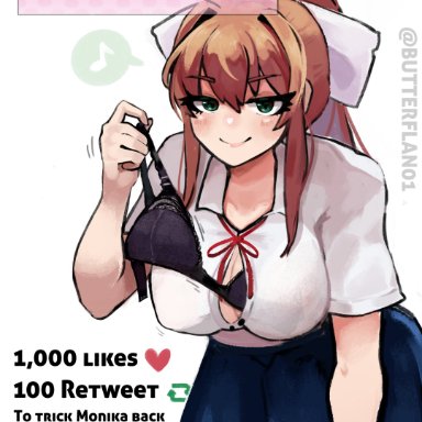 doki doki literature club, butterflan01, black bra, bow, collared shirt, green eyes, hairbow, half-closed eyes, leaning forward, long hair, looking at viewer, no bra, ponytail, removing bra, removing bra under shirt