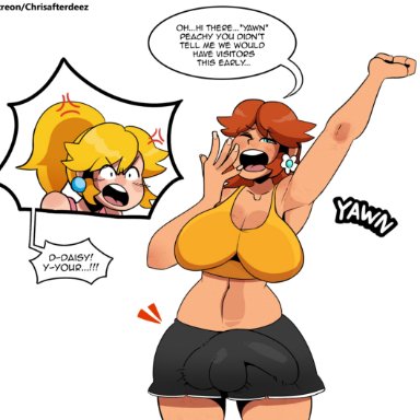 mario (series), nintendo, princess daisy, princess peach, thegreyzen, thehornyzen, 1futa, 1girls, balls, big breasts, big penis, blonde hair, breasts, bulge, bulge through clothing