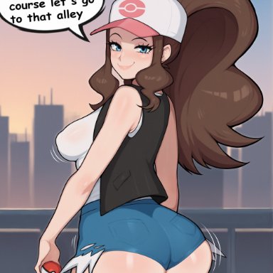 game freak, nintendo, pokemon, pokemon bw, hilda (pokemon), mereoleonart, 1girls, ass, blue eyes, booty shorts, breasts, brown hair, dat ass, female, huge ass