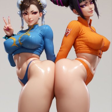 capcom, street fighter, chun-li, juri han, minomixai, 2girls, ass, back to back, bangs, black hair, bracelet, brown hair, chinese clothes, cleavage, clothed