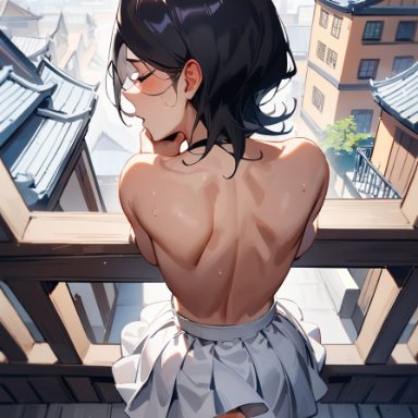 bleach, kuchiki rukia, rtxfus, 1boy, 1girls, anal, balcony, closed eyes, pov, public, skirt, standing sex, ai generated