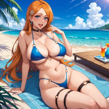 bleach, inoue orihime, alex-schura, 1girls, bangs, bare shoulders, beach, bikini, black choker, blue bikini, blue eyes, blue sky, blue swimsuit, blush, breasts