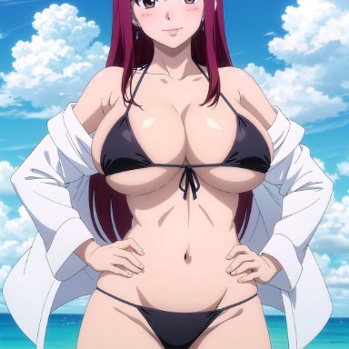 fairy tail, erza scarlet, arisato yu, 1girls, beach, big breasts, bikini, black bikini, female, female only, red hair, ai generated