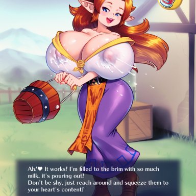 ocarina of time, the legend of zelda, malon, supersatanson, 1girls, aroused, bedroom eyes, big breasts, big nipples, blue eyes, blush, boots, bowser brooch, breast expansion, breasts