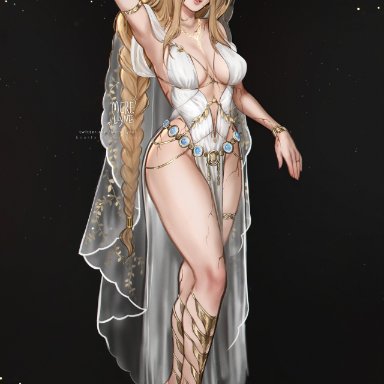 elden ring, fromsoftware, queen marika the eternal, merellyne, 1girls, big ass, big breasts, blonde hair, bracelet, breasts, bridal veil, cleavage, cracked skin, dress, feet