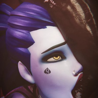 overwatch, widowmaker, syna, ball sucking, big penis, dark skin, dark-skinned male, fellatio, interracial, penis on face, qos, tattoo, 3d, queen of spades, tagme