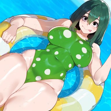 boku no hero academia, my hero academia, tsuyu asui, creamy ai, black eyes, covered nipples, curvy, dark green hair, frog girl, green hair, innertube, large breasts, lying, on back, one-piece swimsuit