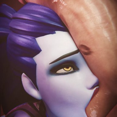 blizzard entertainment, overwatch, overwatch 2, amelie lacroix, widowmaker, syna, 1boy, 1girls, big penis, blue hair, blue skin, blue skinned female, clothed female, eyeshadow, fellatio