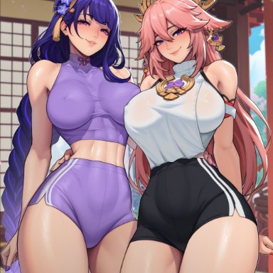 genshin impact, mihoyo, raiden shogun, yae miko, 4narch157, 1girls, abs, bare arms, bare legs, bare shoulders, bare thighs, big breasts, black shorts, blush, clothed