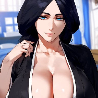 bleach, unohana retsu, floxin, 1girls, bangs, black hair, black kimono, blue eyes, blurry, breasts, clavicle, cleavage, closed mouth, clothing, curvaceous