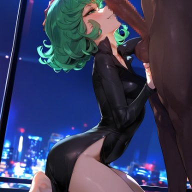 one-punch man, tatsumaki, geo-san, geosan, 1boy, 1girls, balls, big penis, blush, dark skin, dark-skinned male, female, green eyes, green hair, interracial