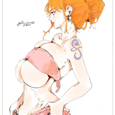 one piece, nami, nami (one piece), bon drawr, 1girls, big breasts, clothing, female, female focus, female only, huge breasts, tattoo, 2d, tagme