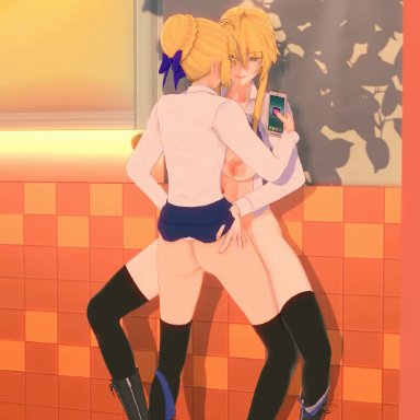 fate (series), fate/grand order, artoria pendragon, artoria pendragon (lancer), hikaku, 1futa, 1girls, against wall, aggressive female, black legwear, blonde hair, exposed breasts, fast thrusts, futa on female, futanari