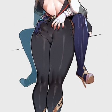 genshin impact, shenhe (genshin impact), yelan (genshin impact), thiccwithaq, 2girls, abomination, ass grab, back cutout, cameltoe, closed eyes, clothing cutout, d. (kamabokorhapsod), fingerless gloves, from behind, gloves