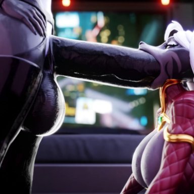 character request, elise (omniman907), y'vraine (omniman907), xaz3d, anthro, background noise, balls, big breasts, blowjob, clothed, clothed sex, clothing, deepthroat, erection, fellatio