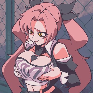 zenless zone zero, nicole demara, twistedgrim, 1girls, fully clothed, hands on breasts, large breasts, mole on breast, pink hair, ribbon, shaking breasts, animated