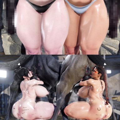 apex legends, respawn entertainment, loba, loba (apex legends), loba andrade, wraith (apex legends), hex3d, 2girls, 2horses, animal genitalia, beast rimming, big ass, big breasts, big penis, bikini