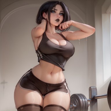 anaslex, 1girls, black clothing, black hair, black lipstick, blue eyes, cleavage, curvy, dolphin shorts, goth, goth girl, gym, hand in hair, large breasts, midriff