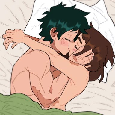 my hero academia, izuku midoriya, ochako uraraka, voidloop, 1boy, 1girls, after sex, blush, closed eyes, cuddling, cute, holding head, hugging, in bed, kissing